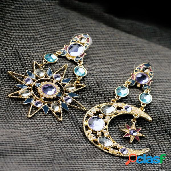 Bohemian Goddess Moon Sun Brincos Gold Strass Orelha Drop