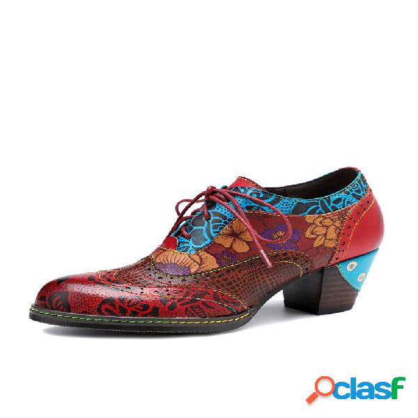 Socofy Retro Floral Print Étnico Patchwork Couro Genuíno