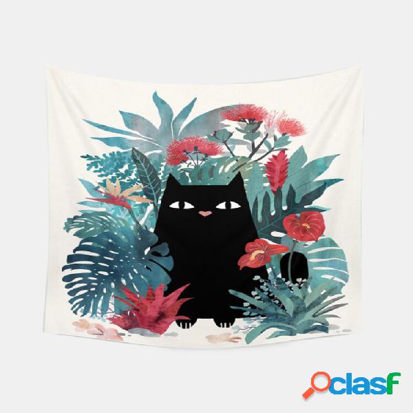 Impressão de sobreposição floral e gato preto Padrão