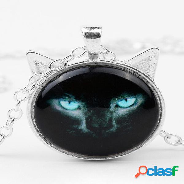 Vintage Impresso Black Cat Mulheres Colar Cat Orelha Vidro