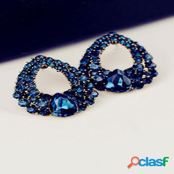 Moda Orelha Stud Brincos Blue Gemstone Hollow Rhinestone