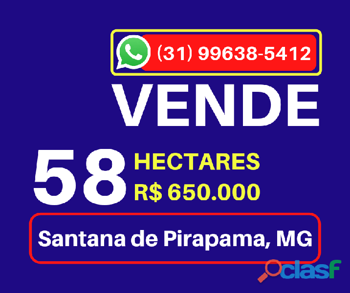 Vende 58 Hectares, Região de Santana de Pirapama, MG