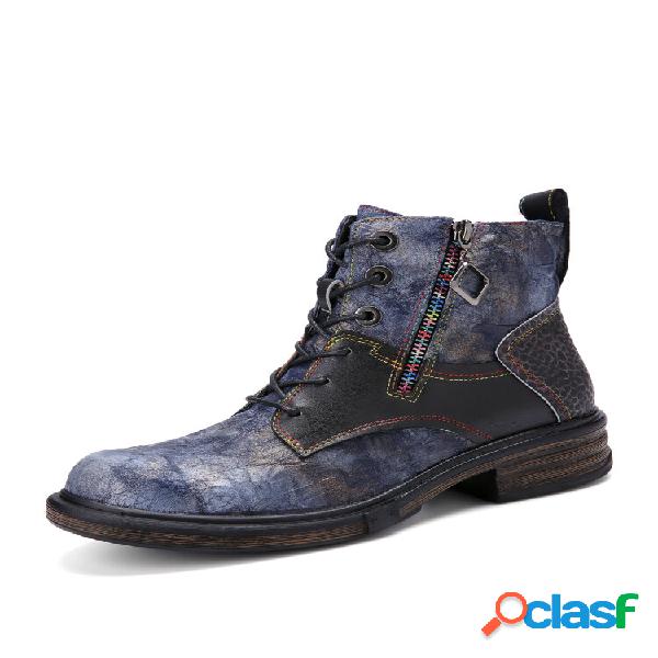 Botas curtas de couro feminino Socofy Colorful com costura