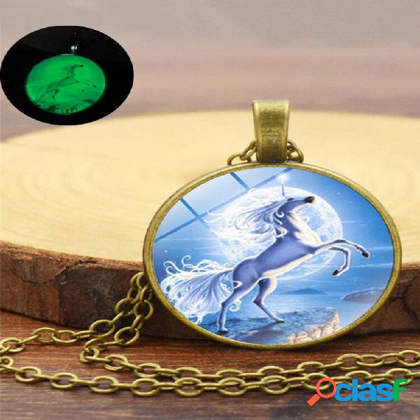 Colar feminino de vidro vintage impresso unicórnio luminoso