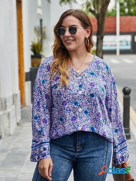 Blusa de mangas compridas tamanho Plus decote em V