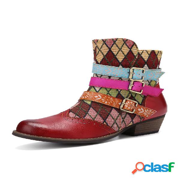 Socofy Retro Couro Patchwork Losango Color Block Side Zipper