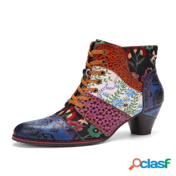 Socofy Retro Floral com relevo de couro patchwork com
