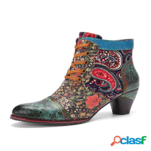 Socofy Retro Paisley Padrão Couro Patchwork Lace-up Design