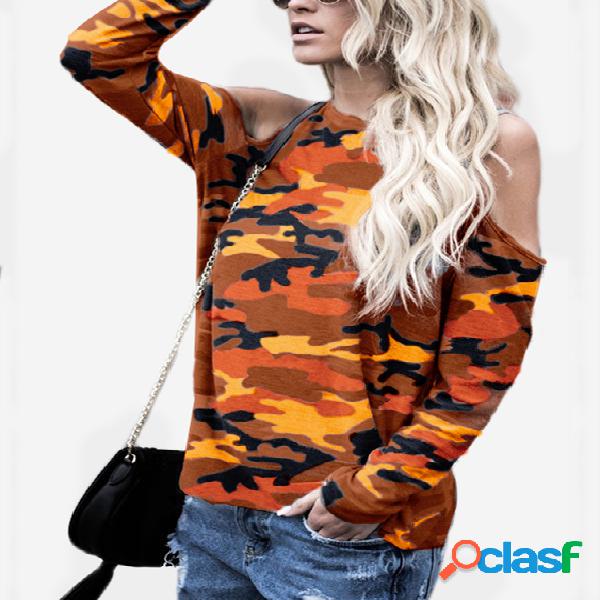 Camiseta de mangas compridas com camuflagem laranja vermelho