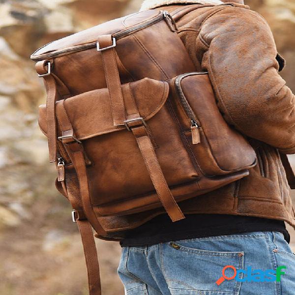 Mochila masculina de couro PU vintage sólido com vários