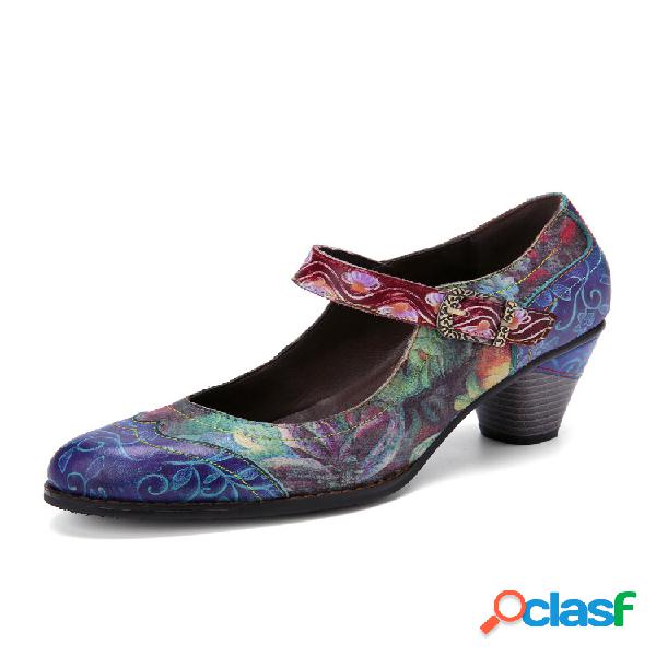 Socofy Elegant Floral Print Embossed Patchwork Leather
