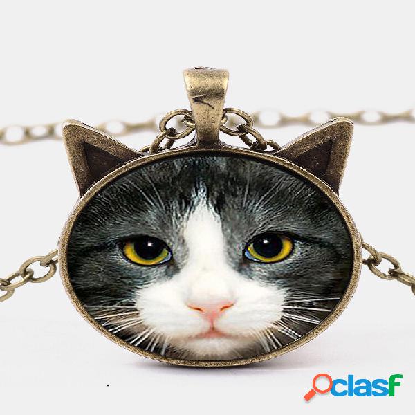 Vintage Impresso Black Branco Gato Rosto Feminino Colar Gato