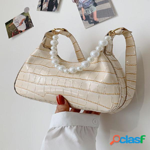 Bolsa feminina de couro sintético com corrente de pérolas