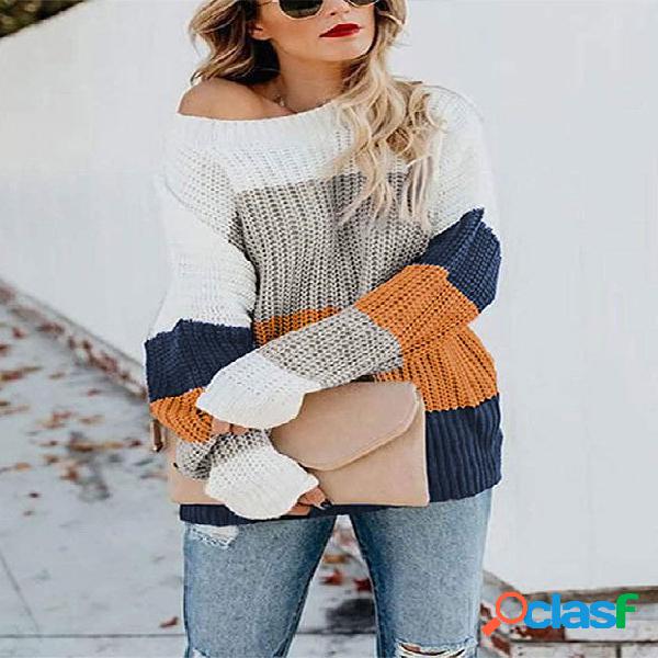 Camisola Color Block Knit Round Neck