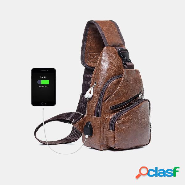 Couro PU USB recarregável de peito Bolsa mensageiro de