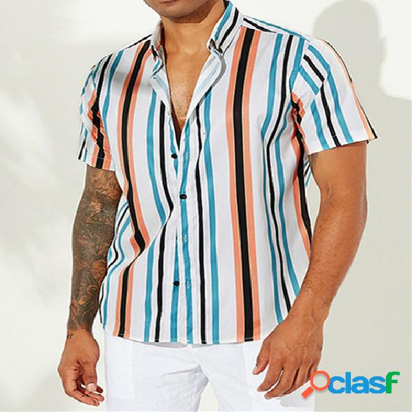INCERUN Homens Holiday Bohemia Rainbow Striped manga curta