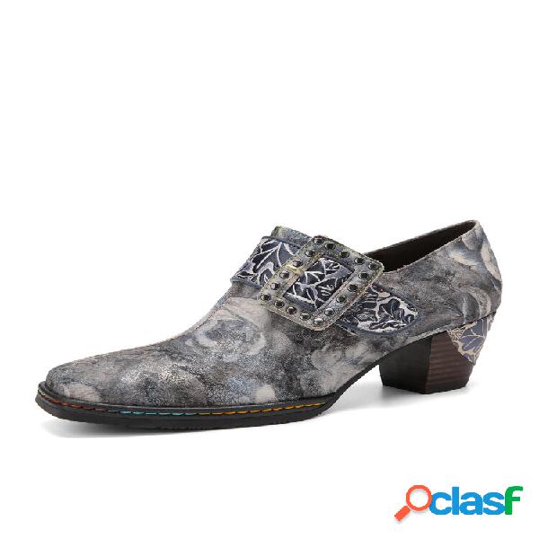 Socofy feminino couro retro estampado floral biqueira