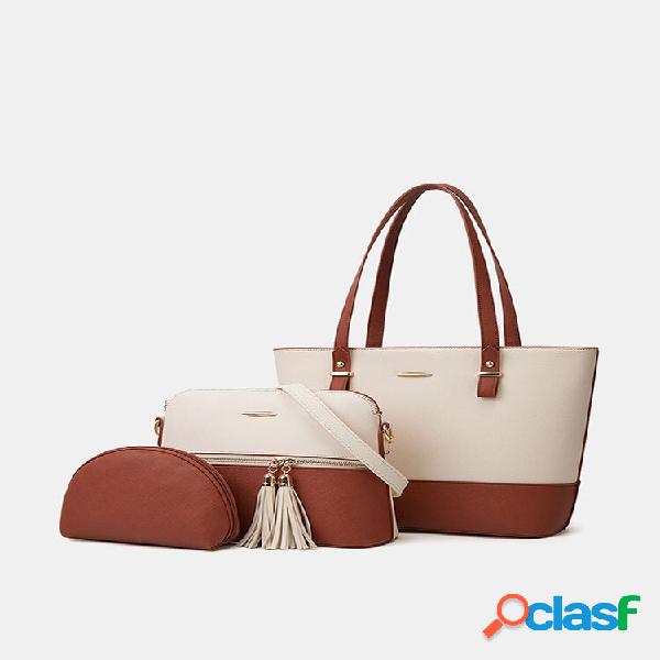 Bolsa feminina de 3 peças com borla patchwork de grande
