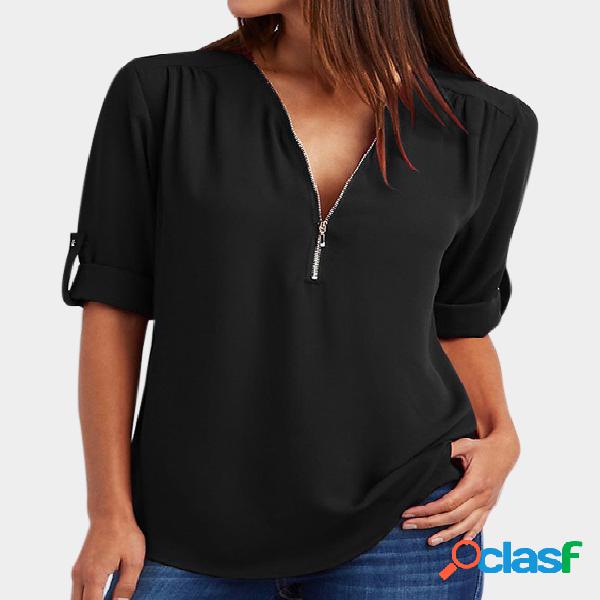 Blusa preta com fecho de correr Design decote em V manga
