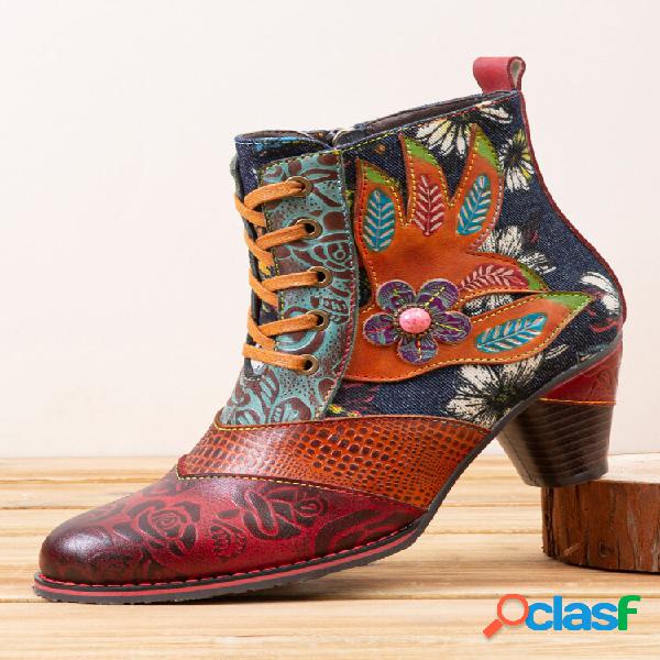 Socofy Retro Flowers Print Jeans Splicing Leather Lace-up