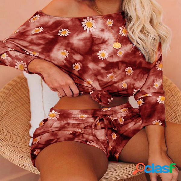 Tie Dye Daisy Print Round Neck Mangas Compridas Roupa de