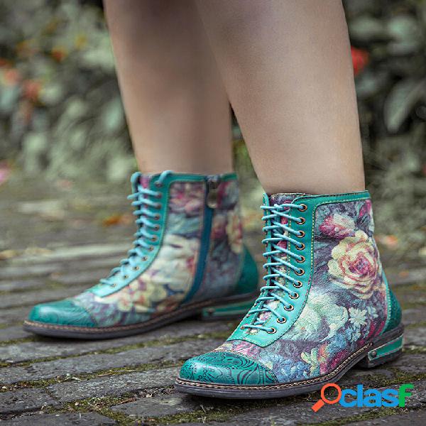 Socofy Casual Retro Floral Print Couro Genuíno Embossing