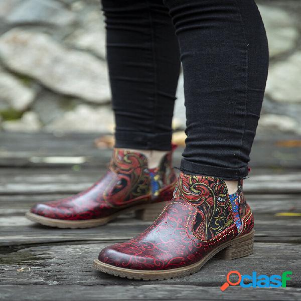 Socofy Retro Ethnic Padrão Botas Curtas de Couro Jacquard