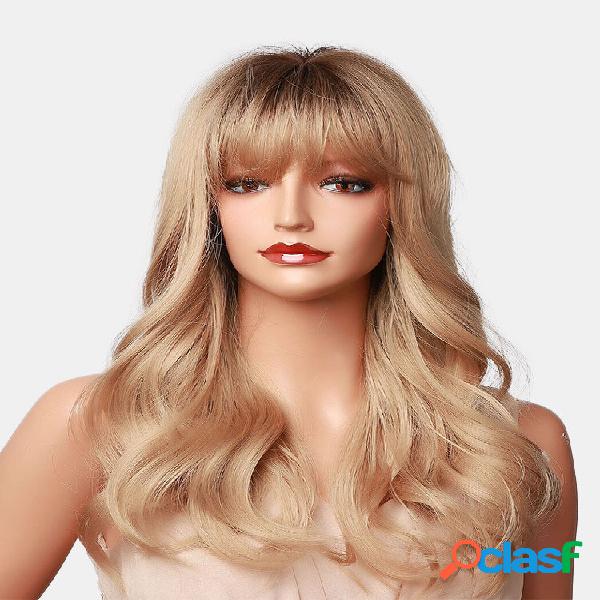 Golden Hierarchical Long Wavy Curly Cabelo com Air Bangs