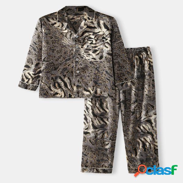 Homens Leopard Two Pieces Faux Silk Conjuntos de pijamas de