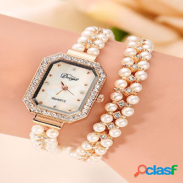 Elegante Pérola Multi Camada Watch Pulseira de Cristal