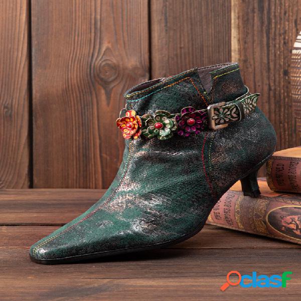 Fivela floral feminina de couro retro Socofy Design Botas