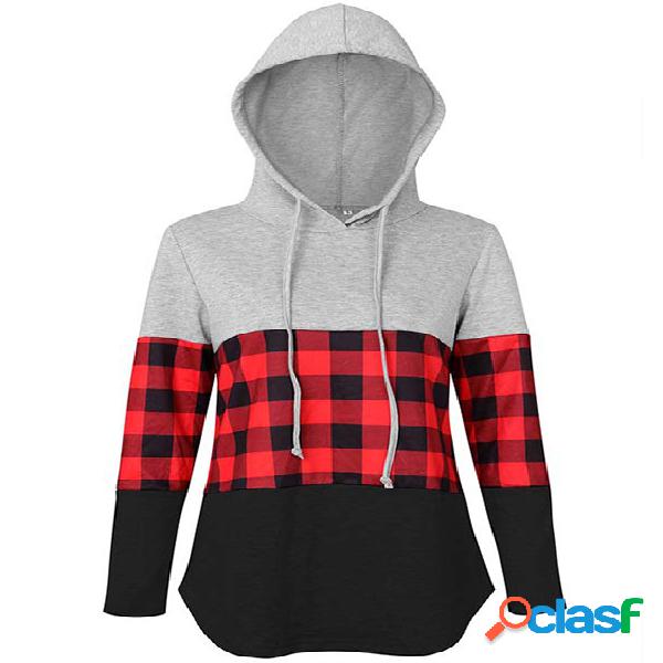 Cordão Design Patchwork Check Mangas Compridas Hoodie