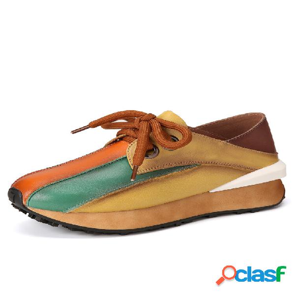 Socofy Casual Ethnic Color Block Couro Genuíno Lace-up Soft