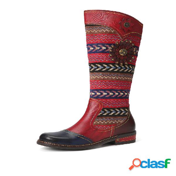 Socofy Leather Retro Ethnic Wave Padrão Botas de cano altas