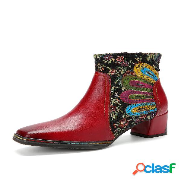 Socofy Retro Étnico Couro Patchwork Pano Estampa Floral Toe