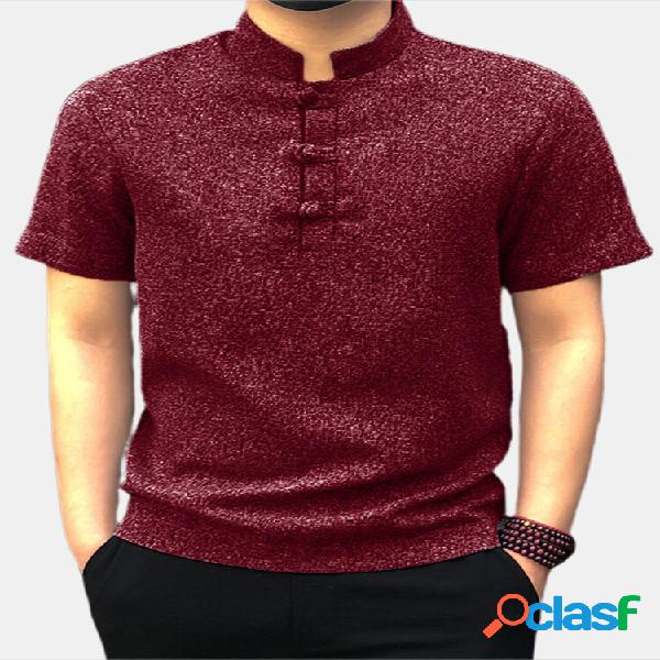 Homens Soild Chinês Botão Decote em V Manga Curta Henley