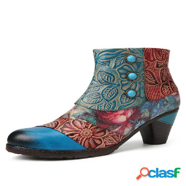 Socofy Retro Floral Feito à Mão Soft Botas de Salto