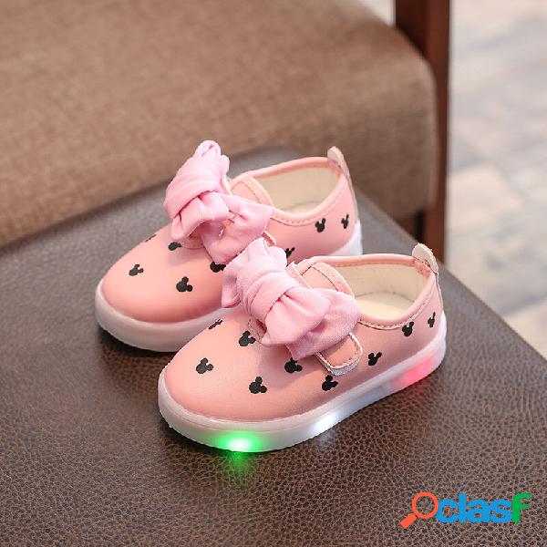 Meninas Bowknot Decor LED Gancho Loop Casual sapatos baixos