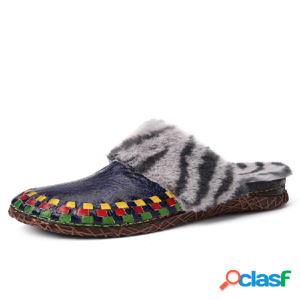 Socofy Couro Genuíno Soft Comfy Quente Fuzzy Casual Com