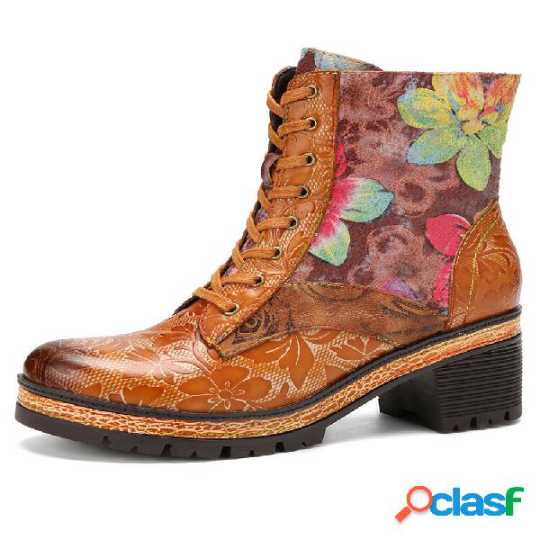 Socofy Retro Floral Print Couro Patchwork Side-Zip Comfy