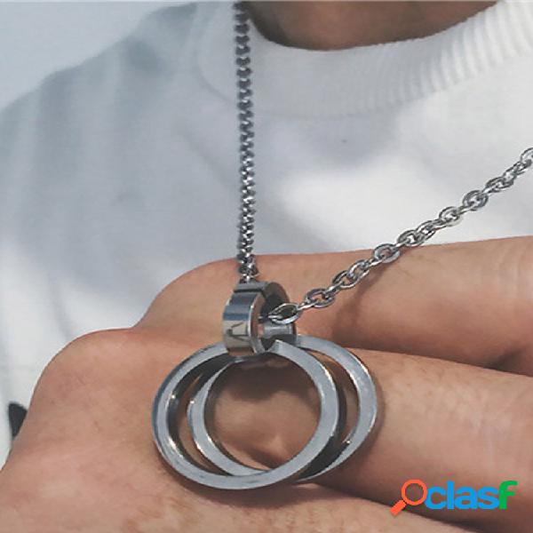 Trendy Simple Double Ring Pingente Colar de Aço Titanium