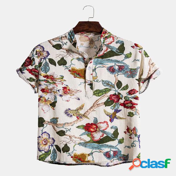 Mens Holiday Classic Floral Impresso Solto Manga Curta