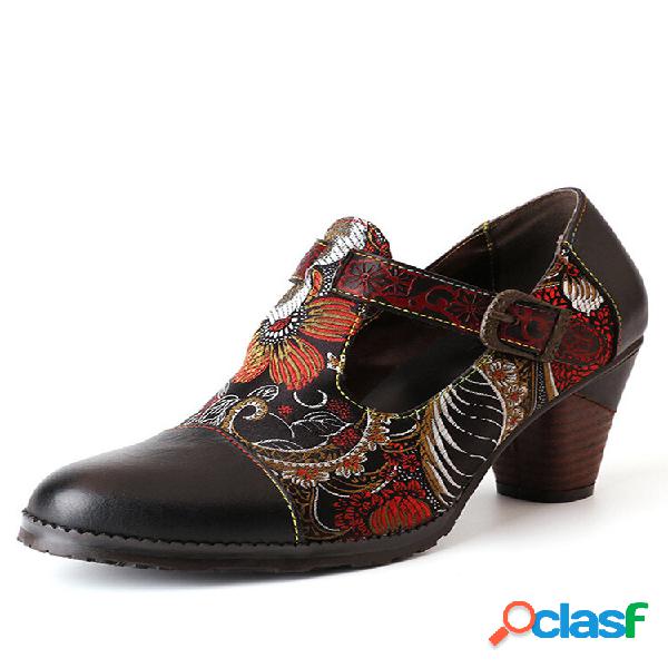 Botas de salto com tira em T Socofy Retro Couro Genuíno