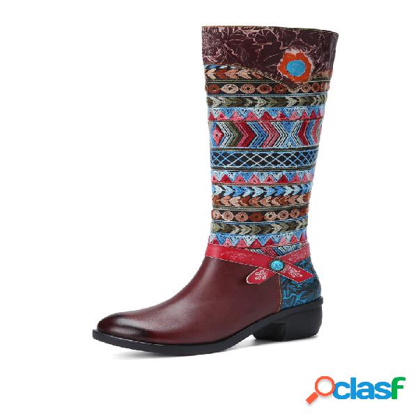 Couro Socofy Retro Étnico Tricotado Lateral Zíper Botas
