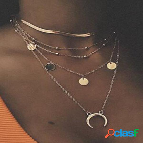 Colar Bohemian Multicamadas Prata Ouro Colar Redondo Contas