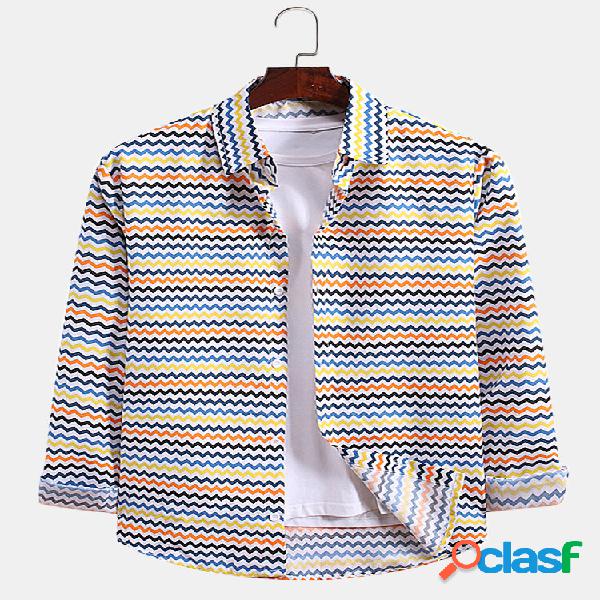 Homens Colorful Irregular Stripes Print lapela camisas de