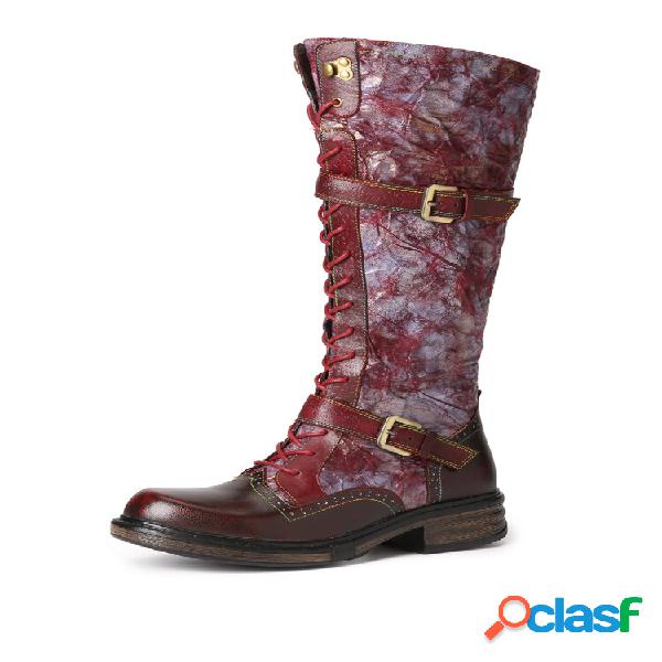 Socofy Retro Couro Zíper Lateral Fivela Em relevo Floral