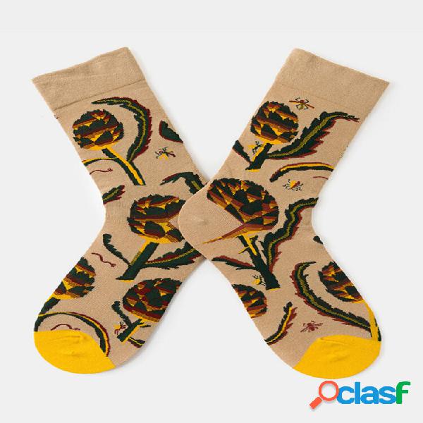 5 pares femininos algodão cor contraste desenho animado