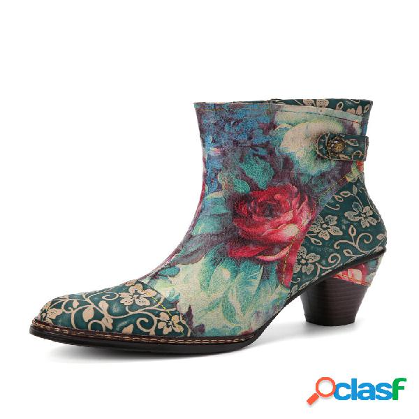 Botas curtas de couro com estampa floral vintage Socofy com