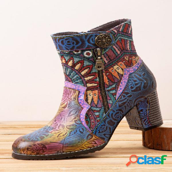 Socofy Bohemian Impresso Colorful Couro Patchwork Zíper